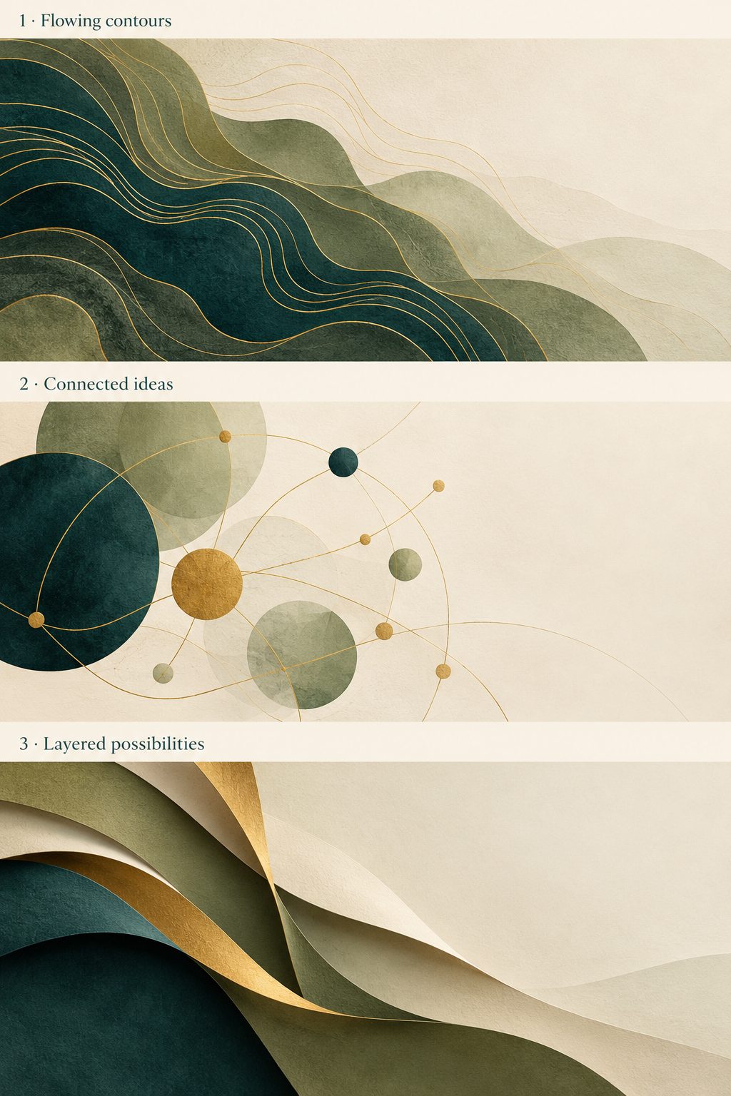 Abstract olive, teal and gold circles linked by fine gold lines on a warm cream background, representing connected ideas.