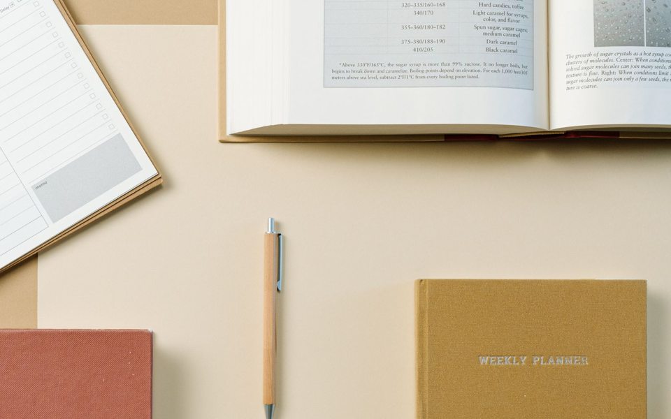 Books, a weekly planner and a pencil arranged on a desk.